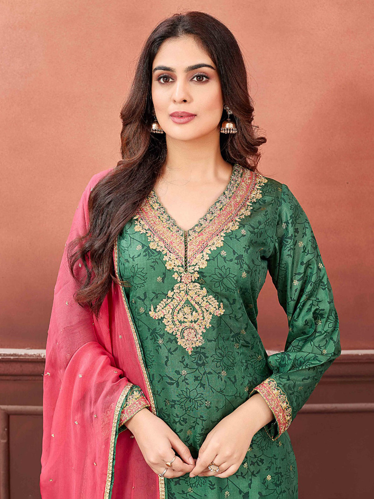 Stunning dark green printed salwar suit in silk