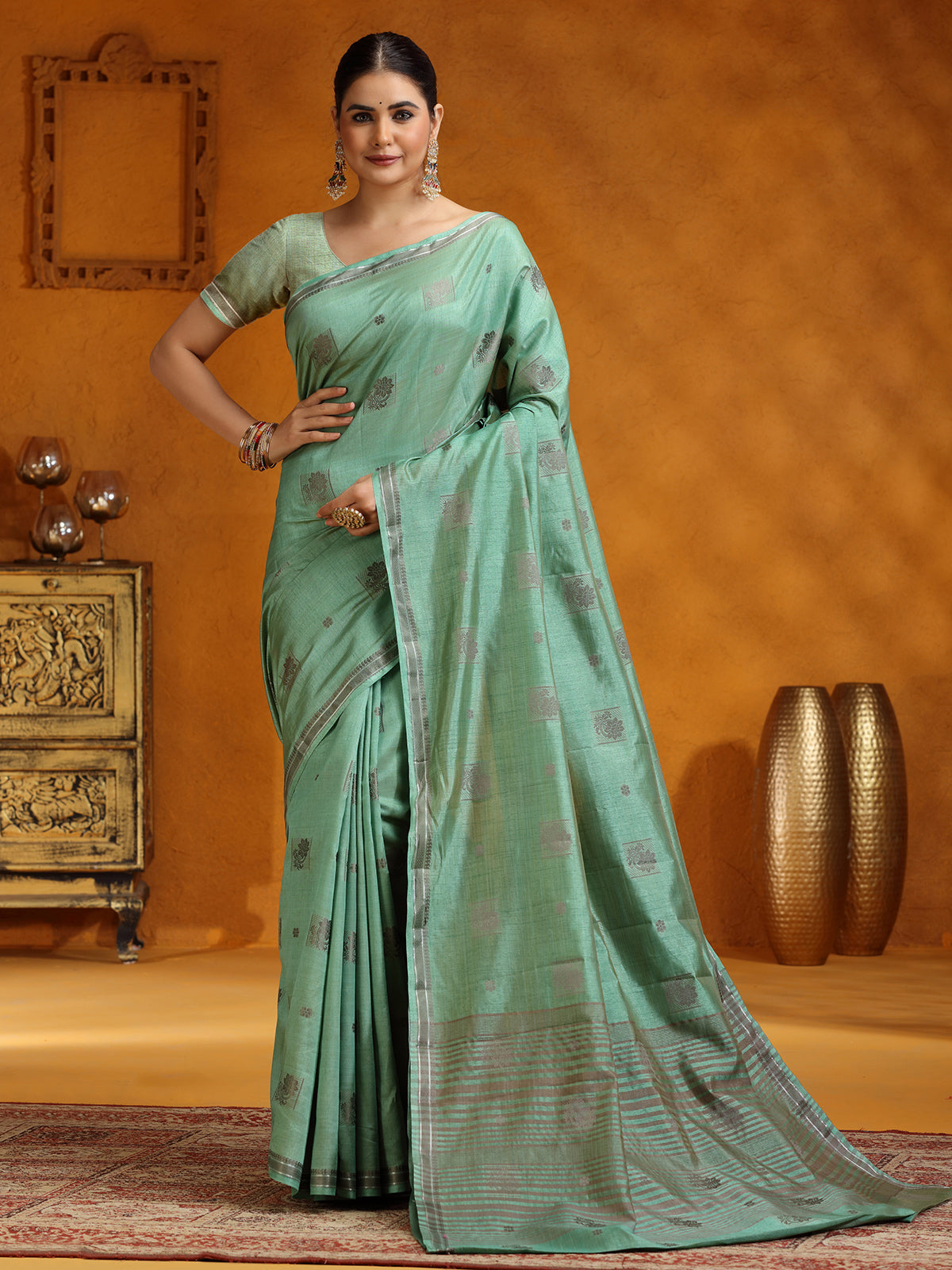 Stunning mint green silk saree