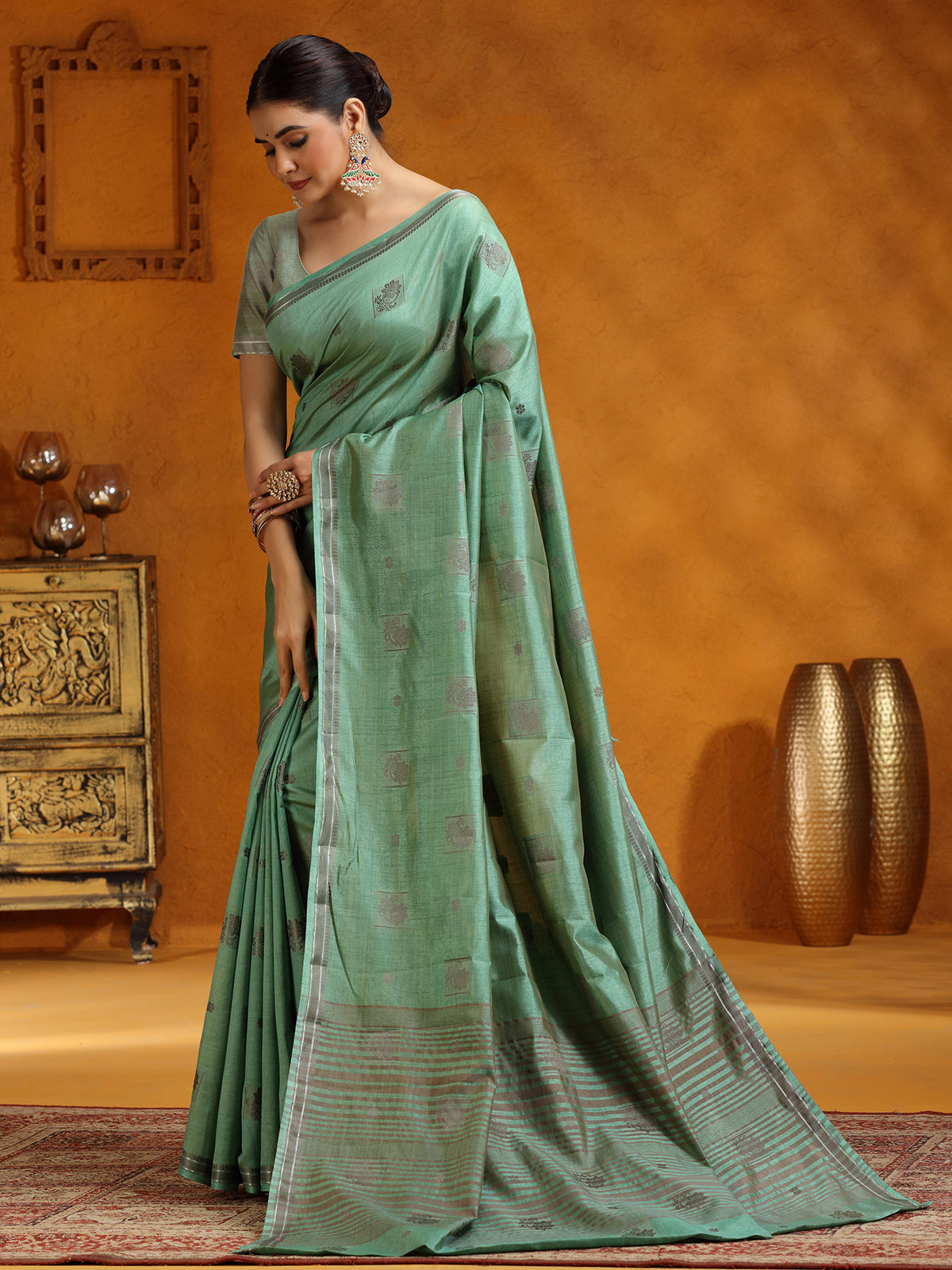 Stunning mint green silk saree