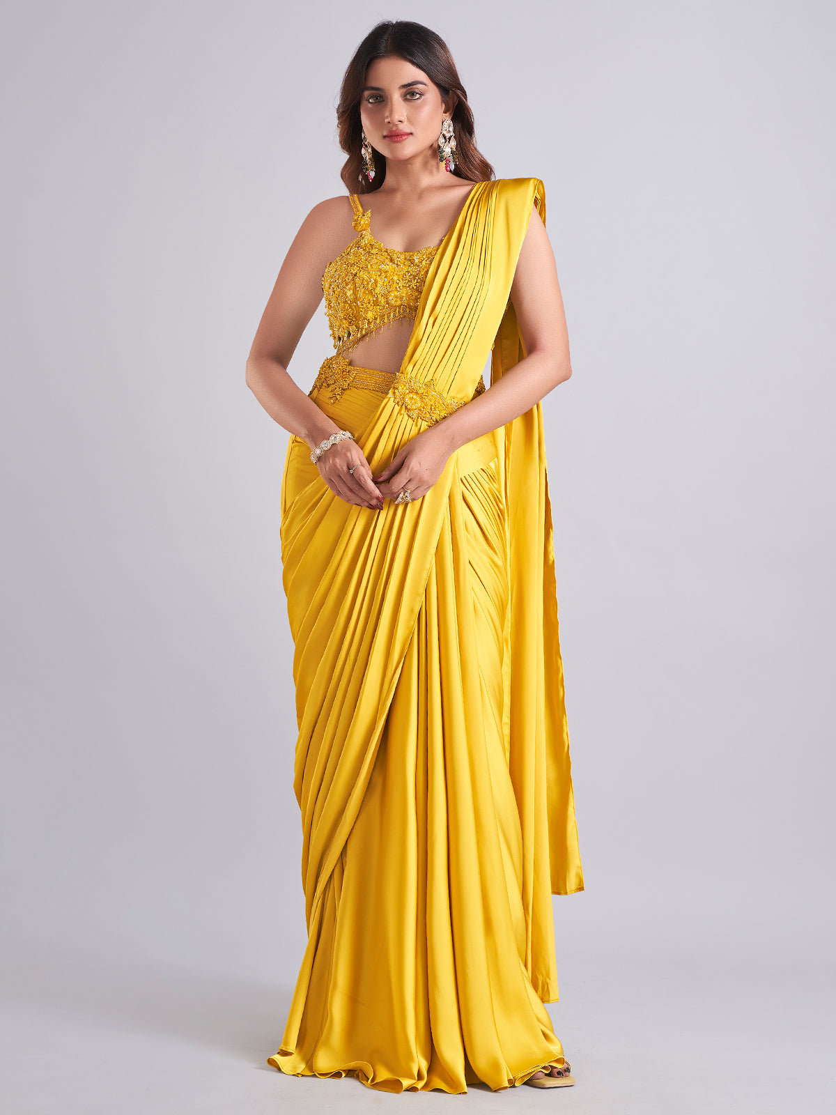 Stunning mustard yellow satin saree