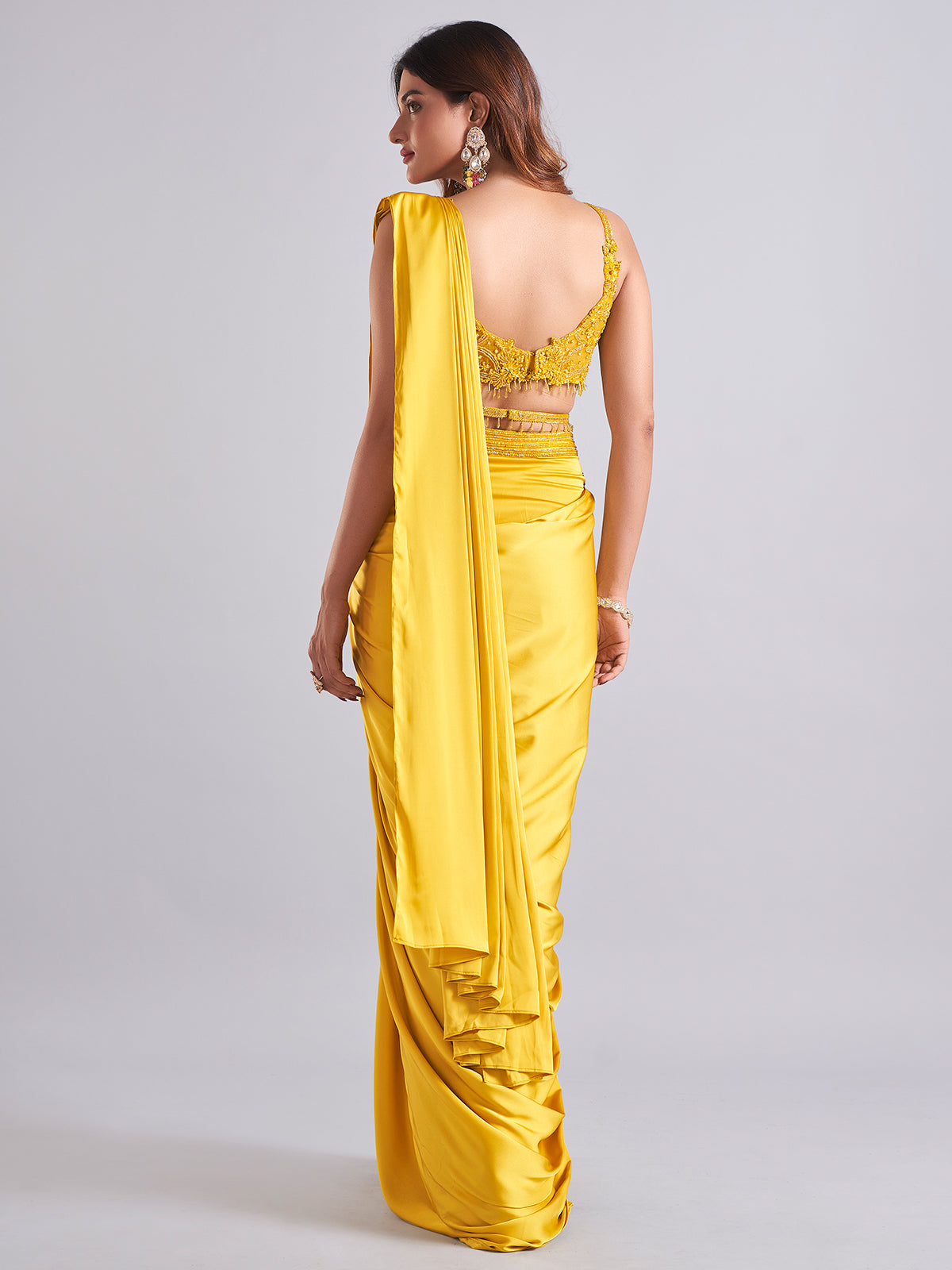 Stunning mustard yellow satin saree