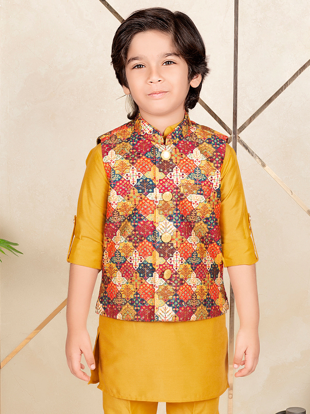 Stunning mustard yellow silk festive wear waistcoat set for boys