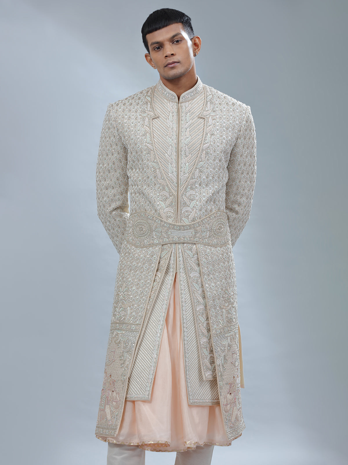 Stunning Off white and peach silk peshwai sherwani