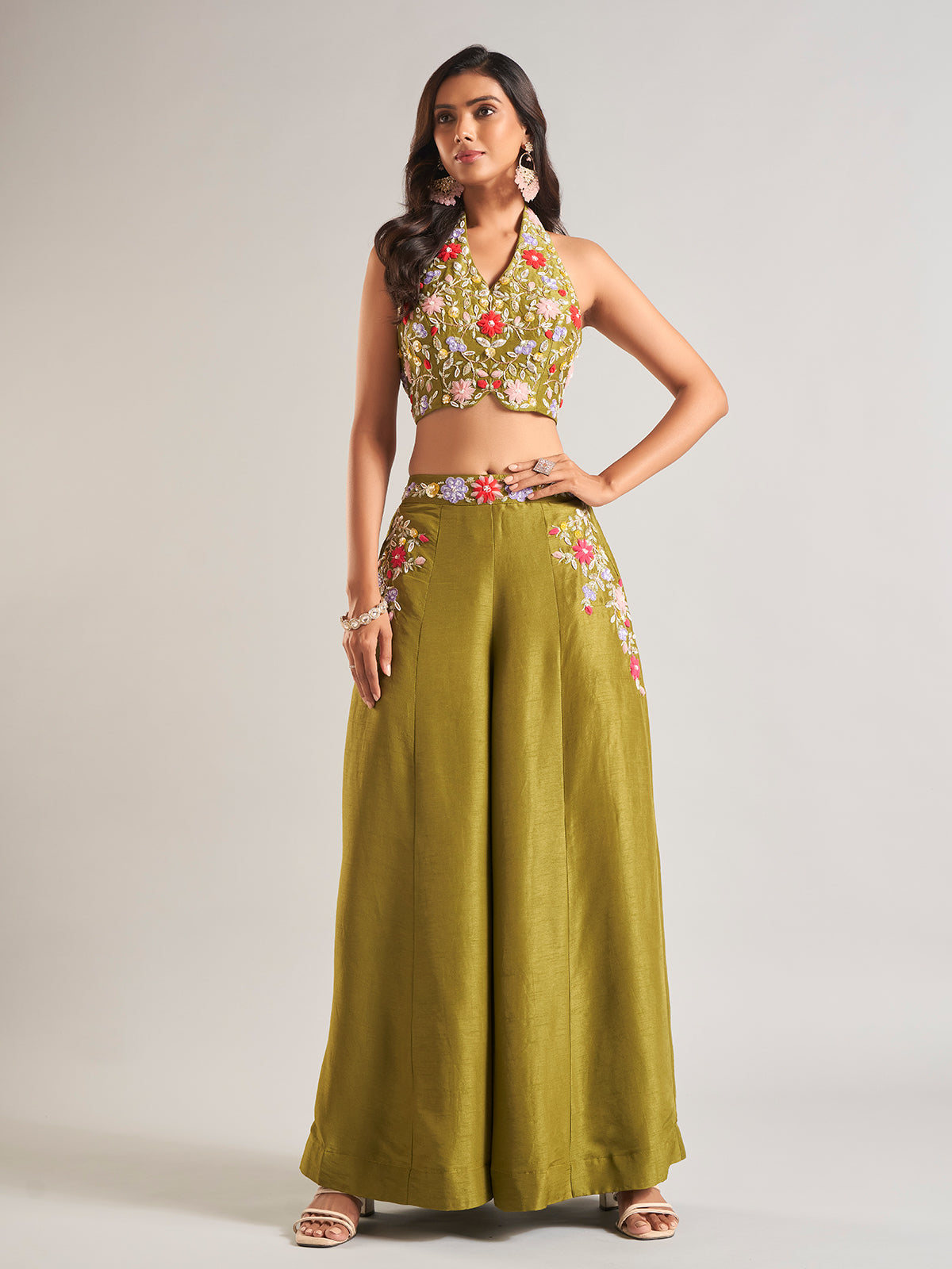 Stunning olive silk palazzo salwar suit