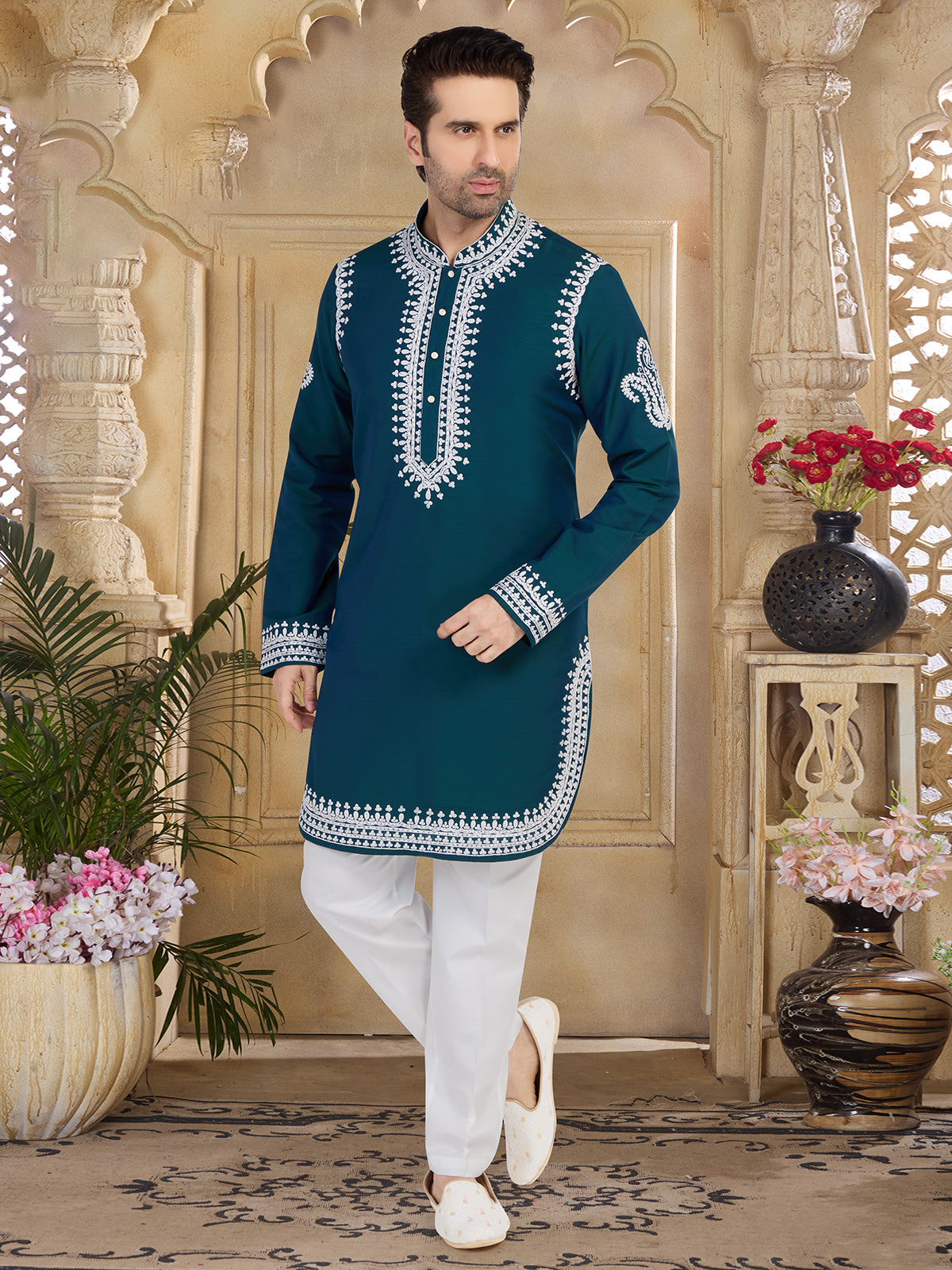 Stunning rama blue silk kurta suit for festive