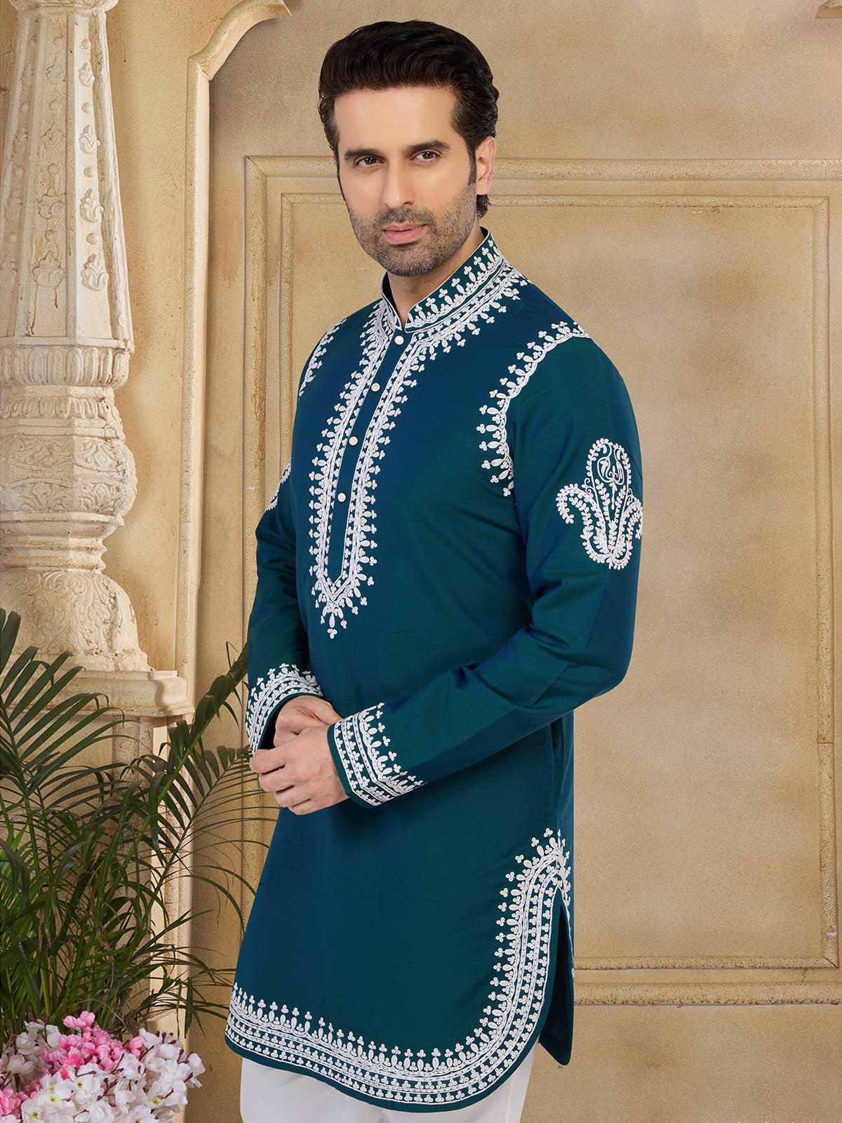 Stunning rama blue silk kurta suit for festive