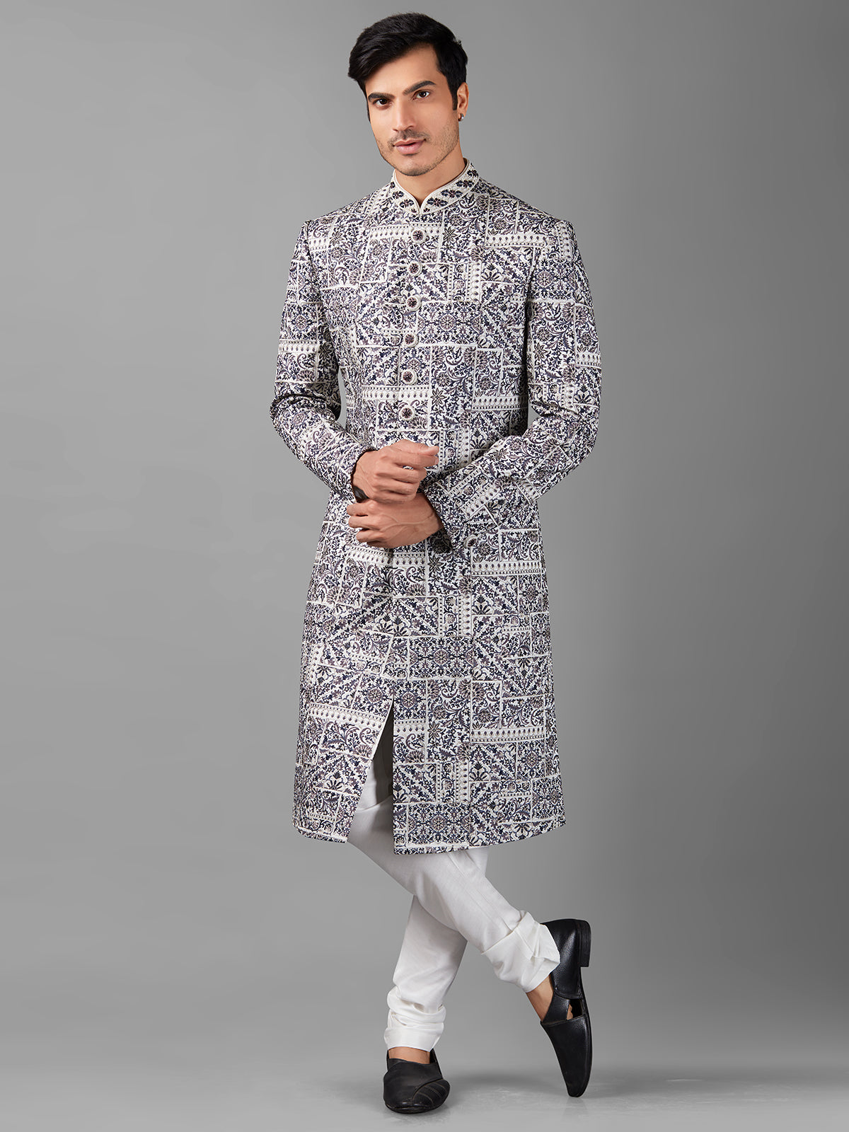 Stunning white embroidery sherwani