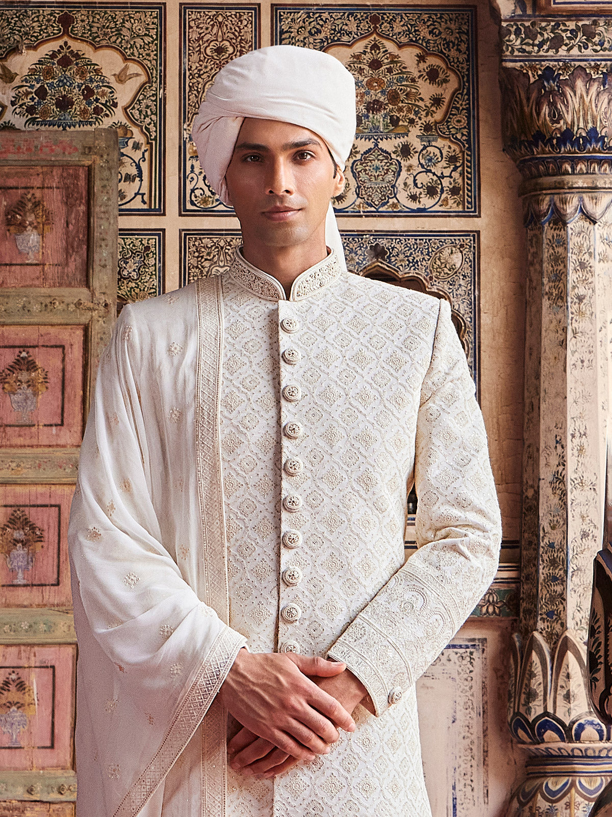 Stylish cream terry rayon sherwani