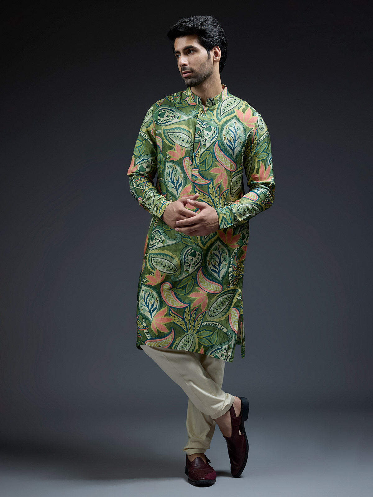 Stylish green silk tropical printed kurta suit for men