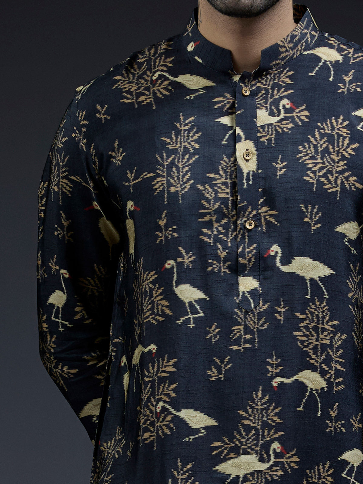 Black silk kurta suit in bird floral print