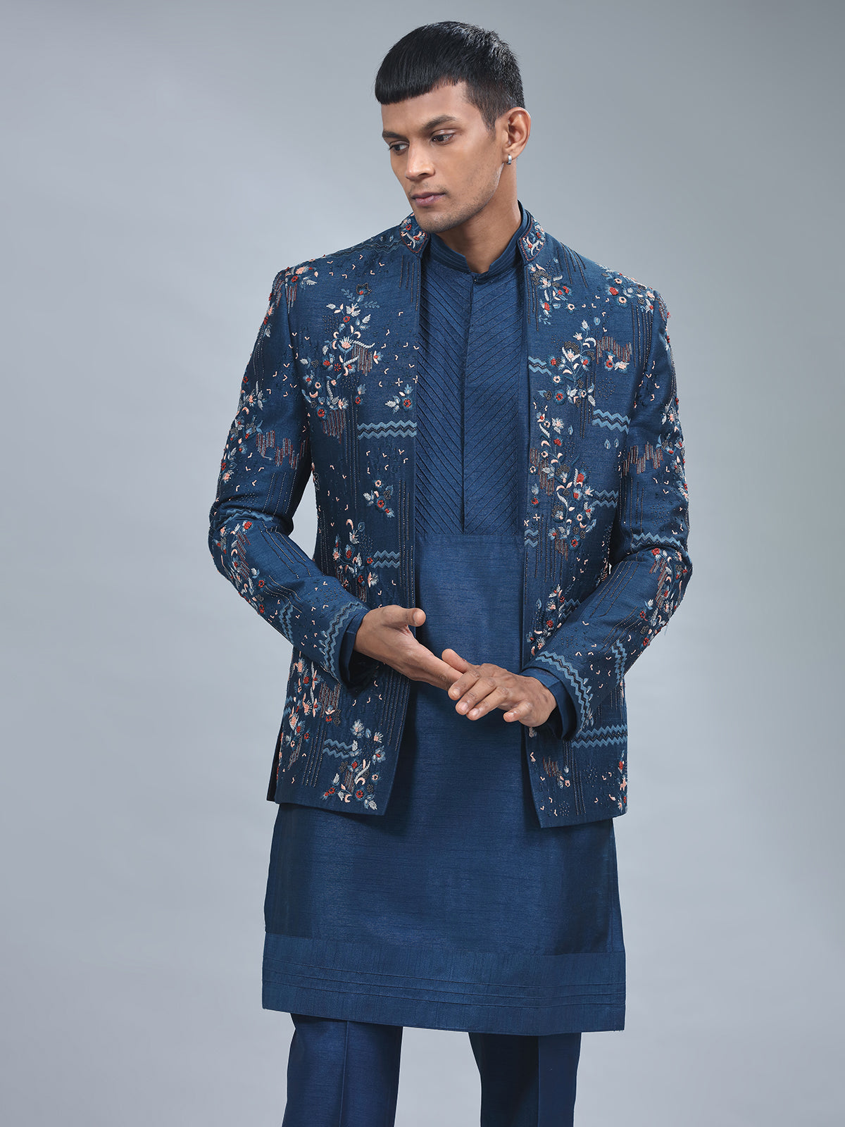 Stylish navy terry rayon indowestern