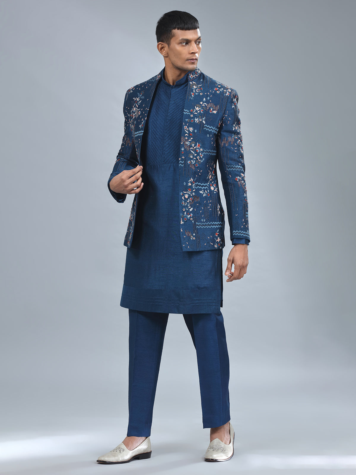 Stylish navy terry rayon indowestern