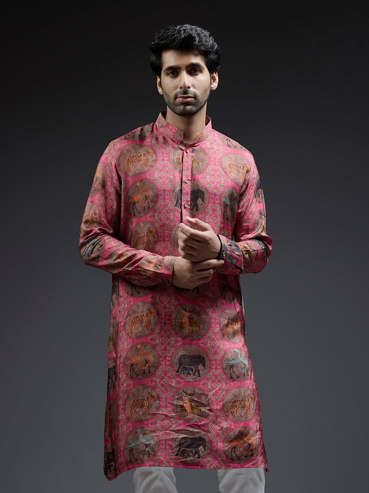 Stylish pink ajarakh printed silk kurta suit