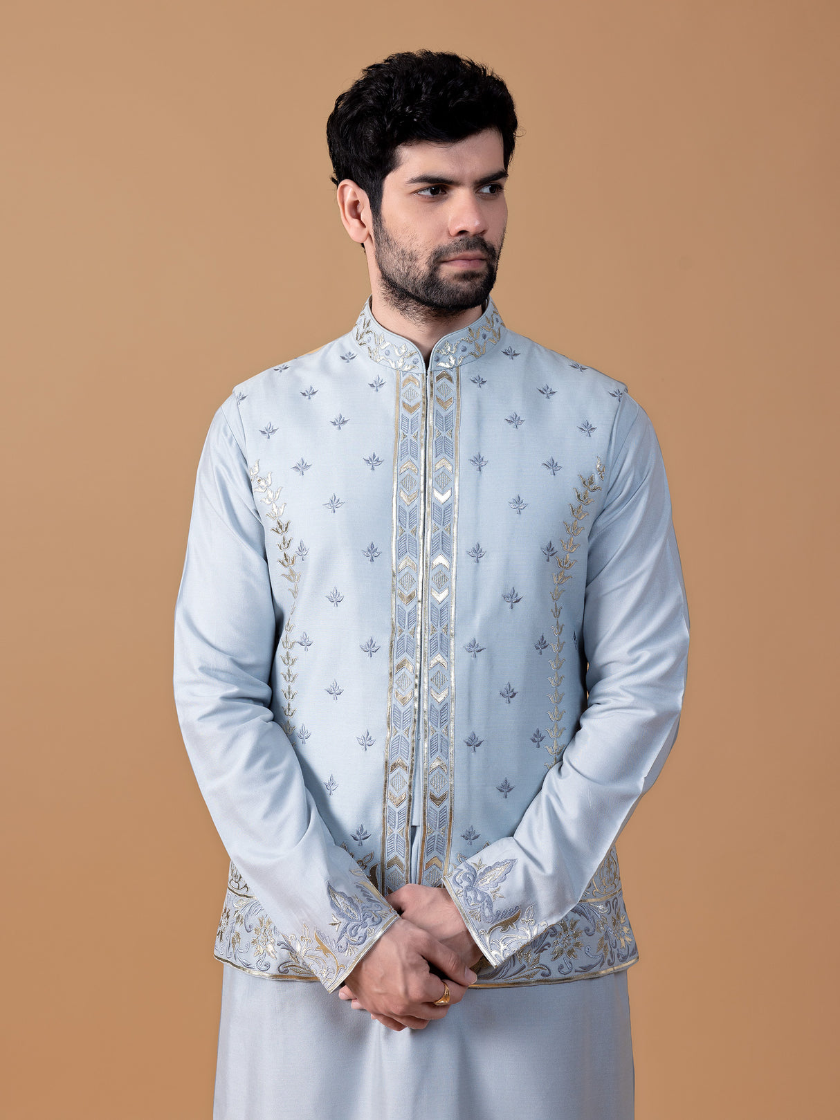 Stylish sky blue raw silk waistcoat set