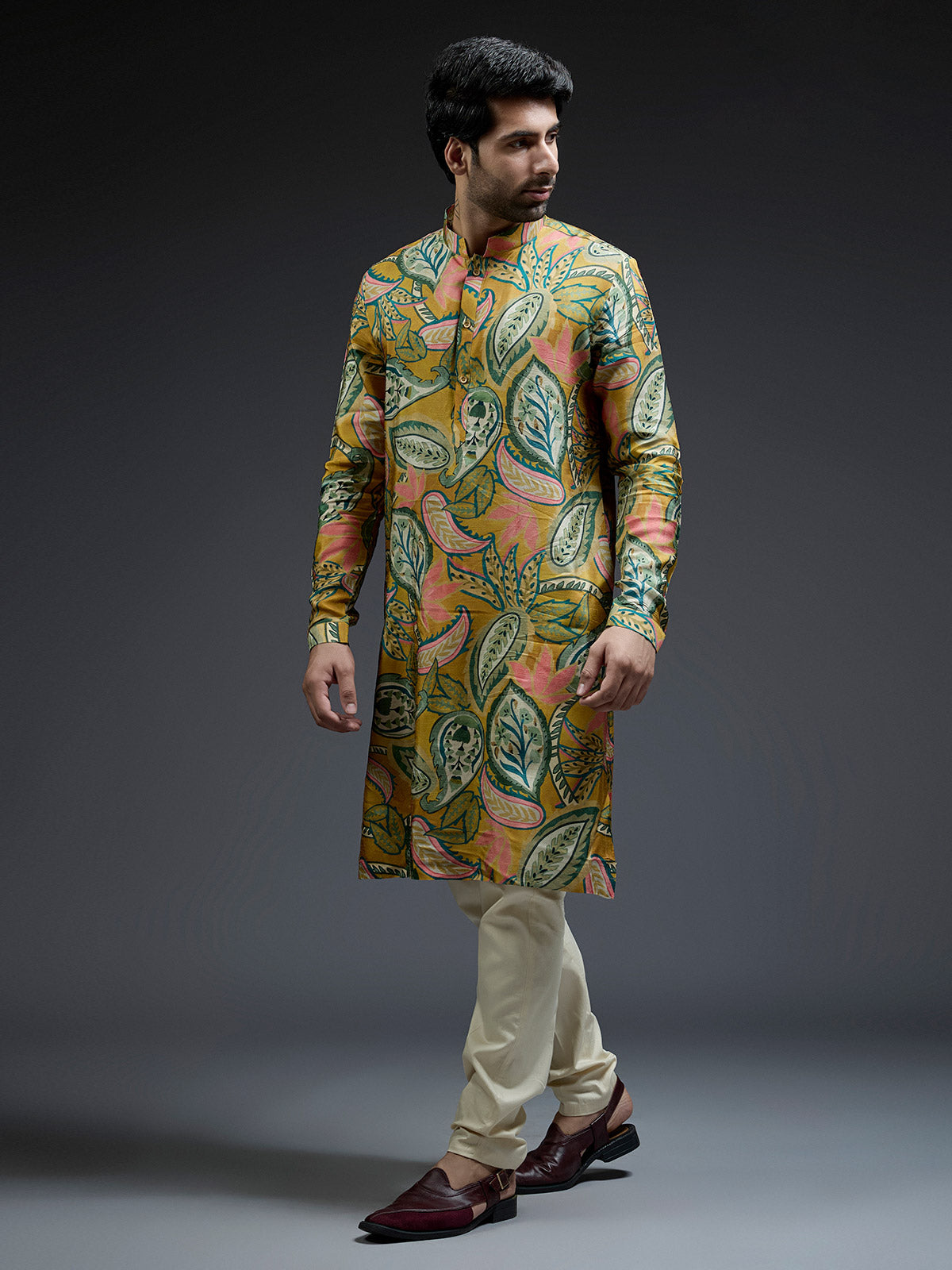 Stylish yellow and green silk tropical printed kurta suit for men