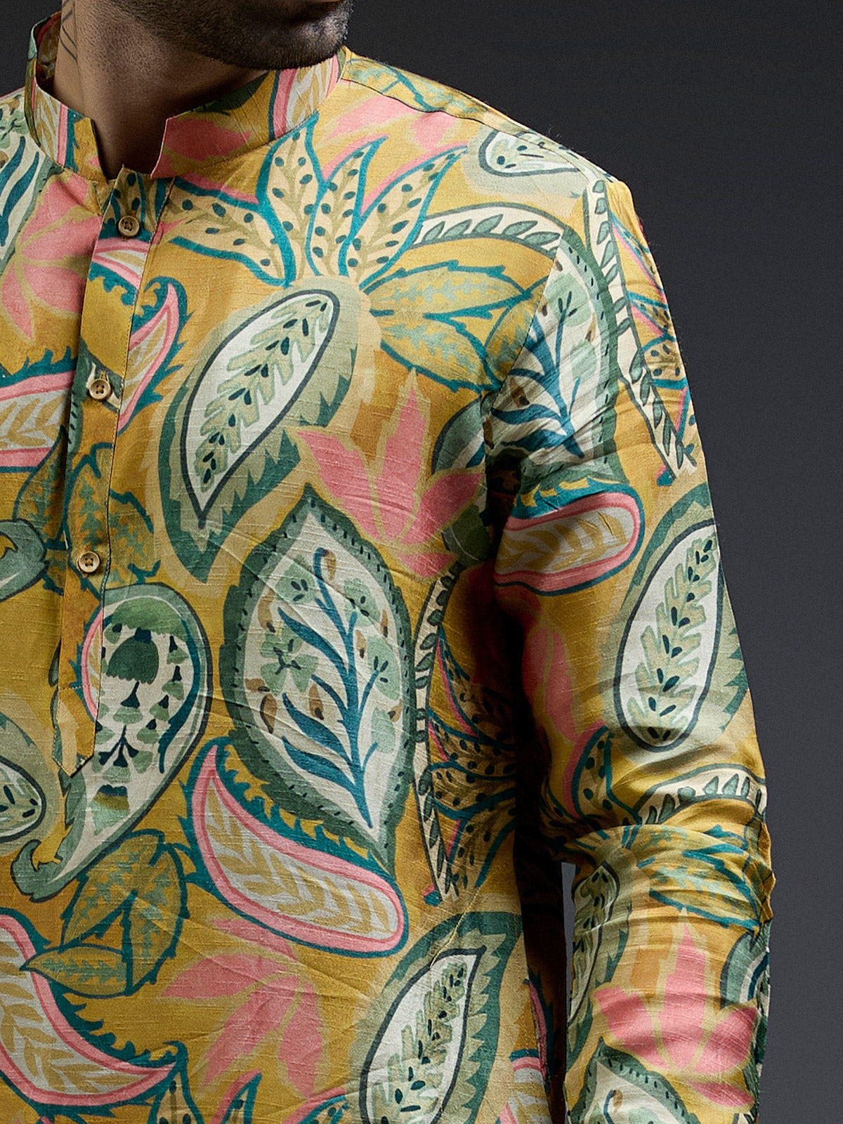 Stylish yellow and green silk tropical printed kurta suit for men