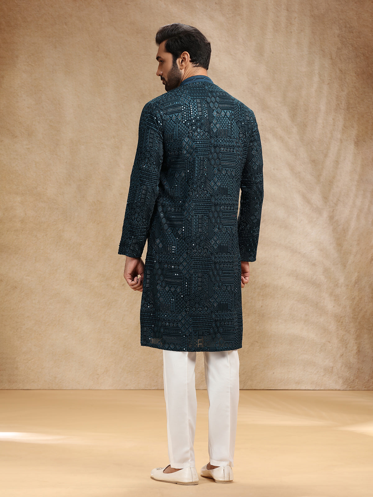 Teal blue georgette men festive kurta pajama