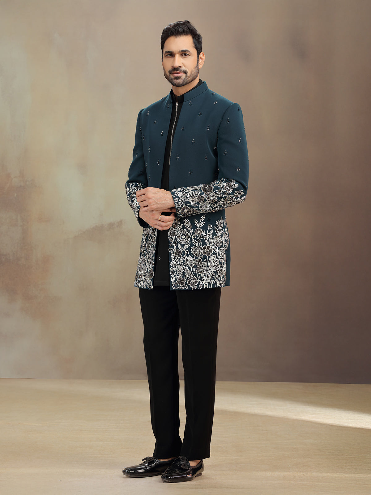 Teal Green terry rayon indowestern set with embroidery
