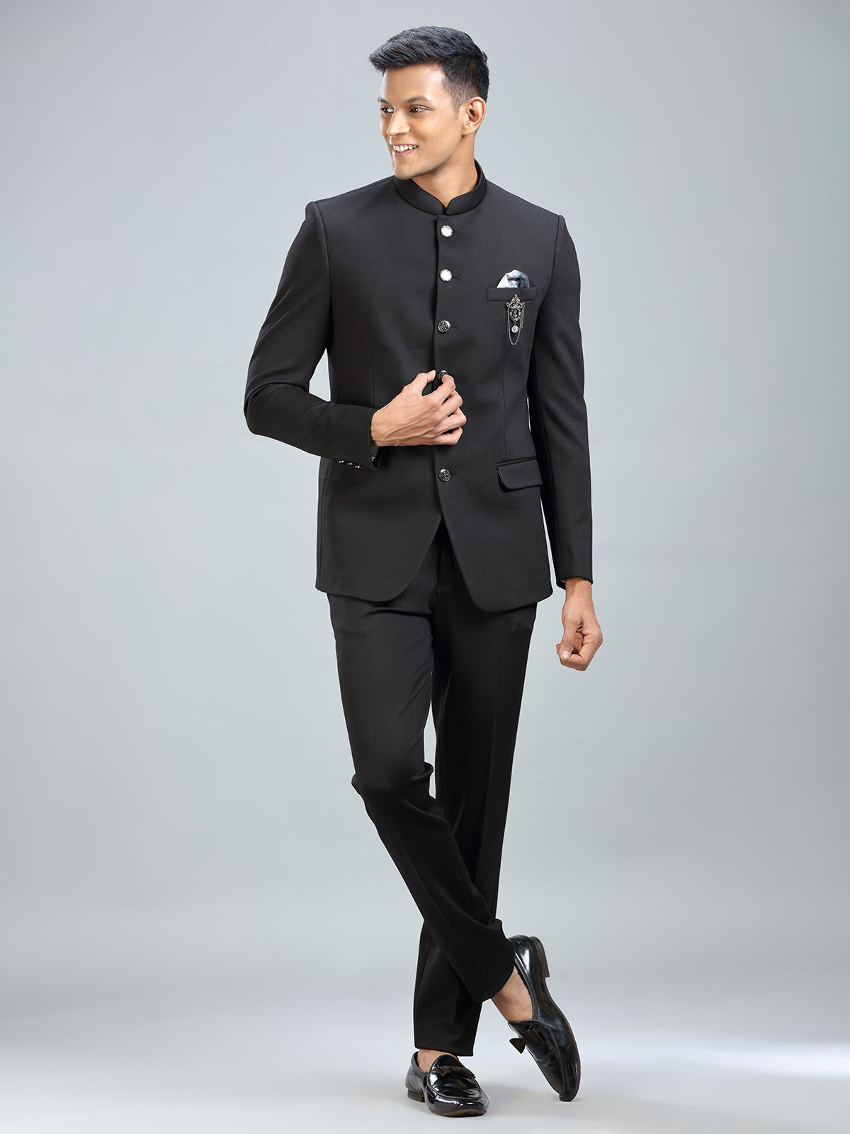 Timeless black jodhpuri suit in luxurious terry rayon fabric