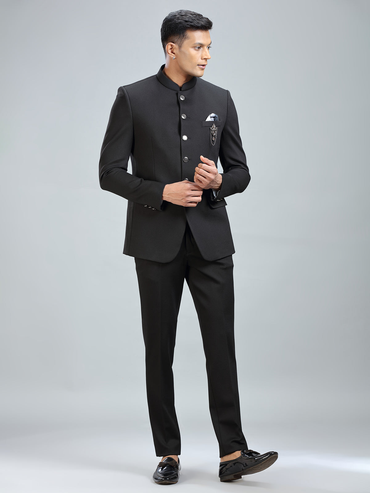 Timeless black jodhpuri suit in luxurious terry rayon fabric