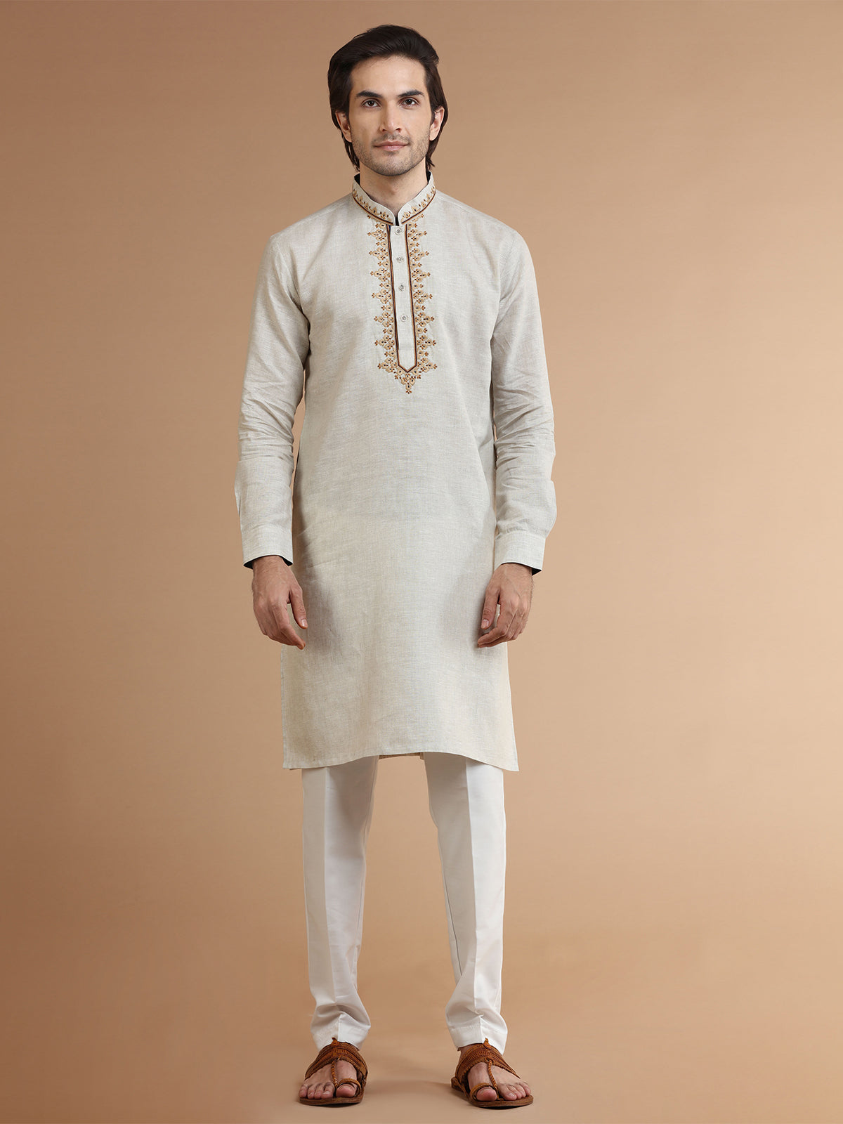Trendy beige linen kurta suit