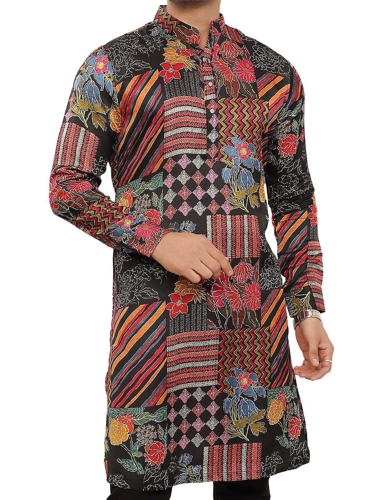 Trendy black printed silk kurta