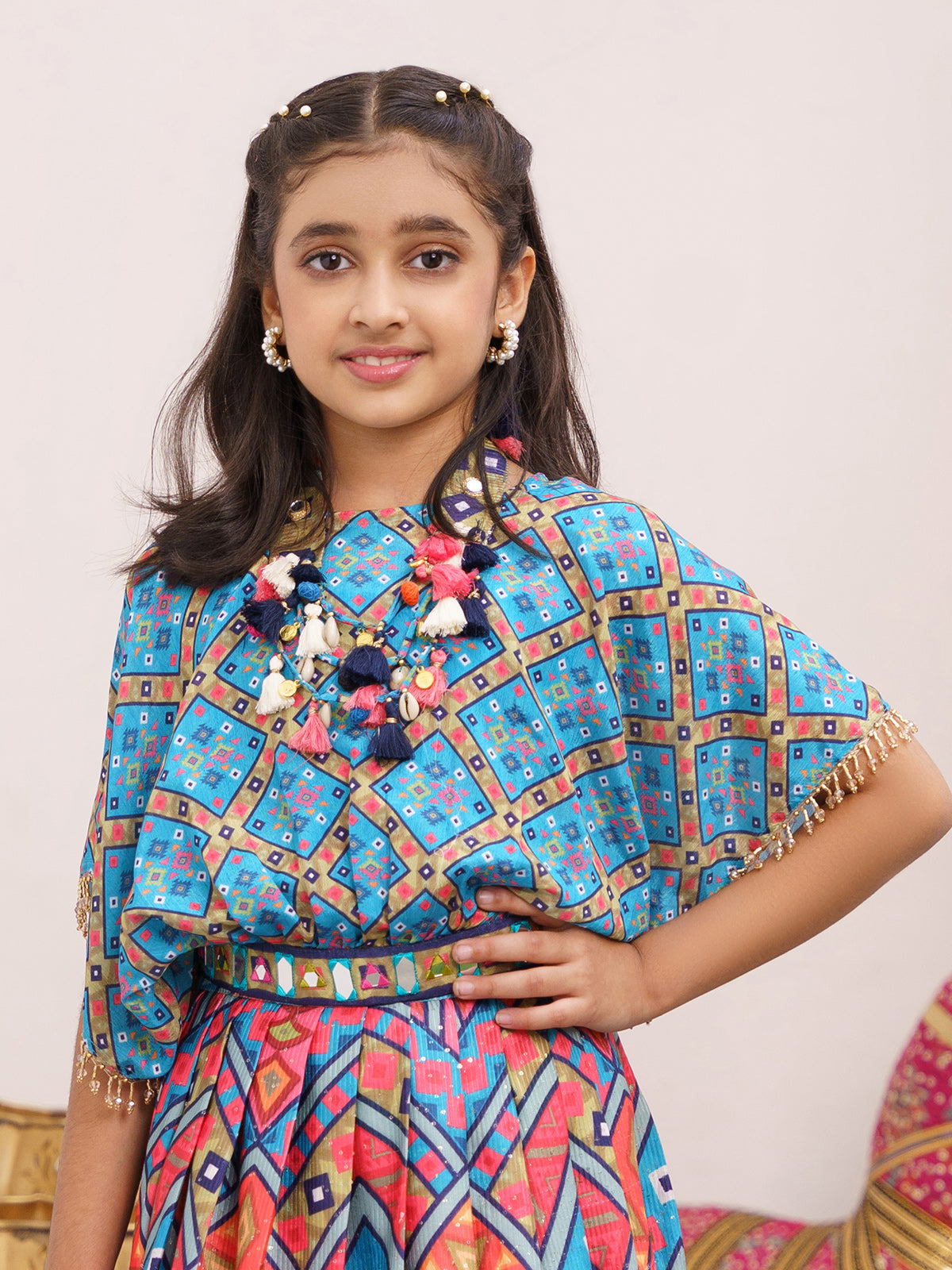 Trendy blue and pink printed lehenga choli