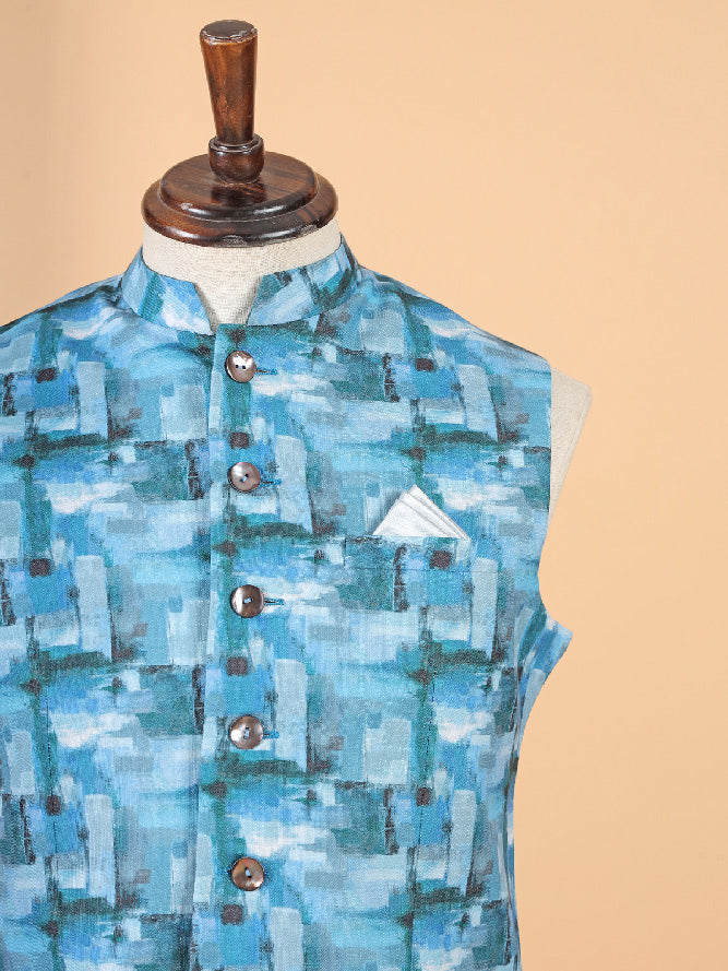Trendy blue silk printed waistcoat