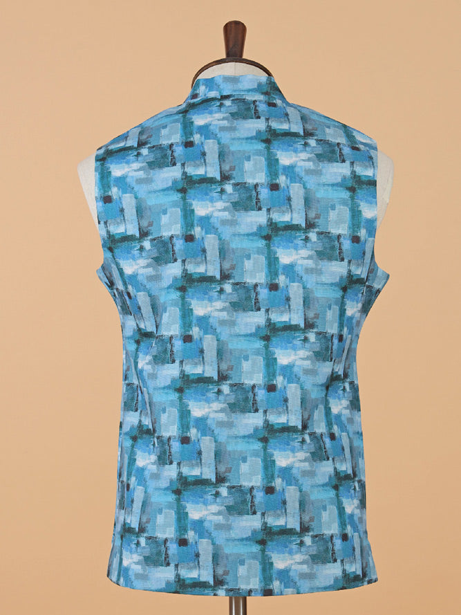 Trendy blue silk printed waistcoat
