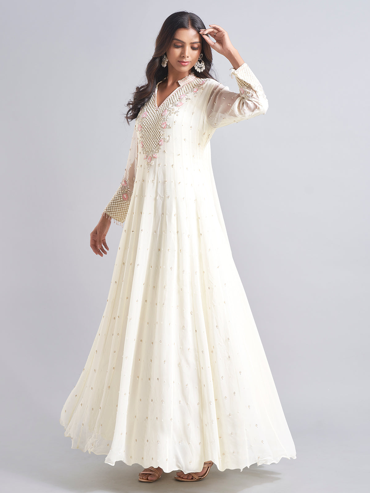 Trendy cream silk anarkali salwar suit