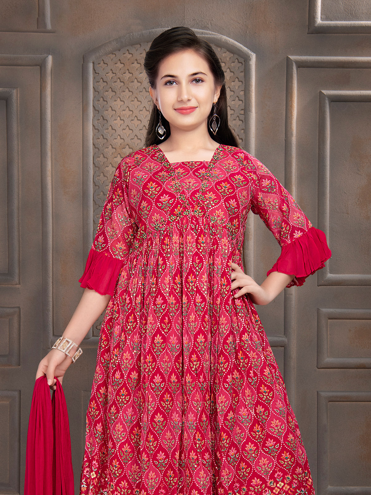 Trendy dark pink georgette printed palazzo suit