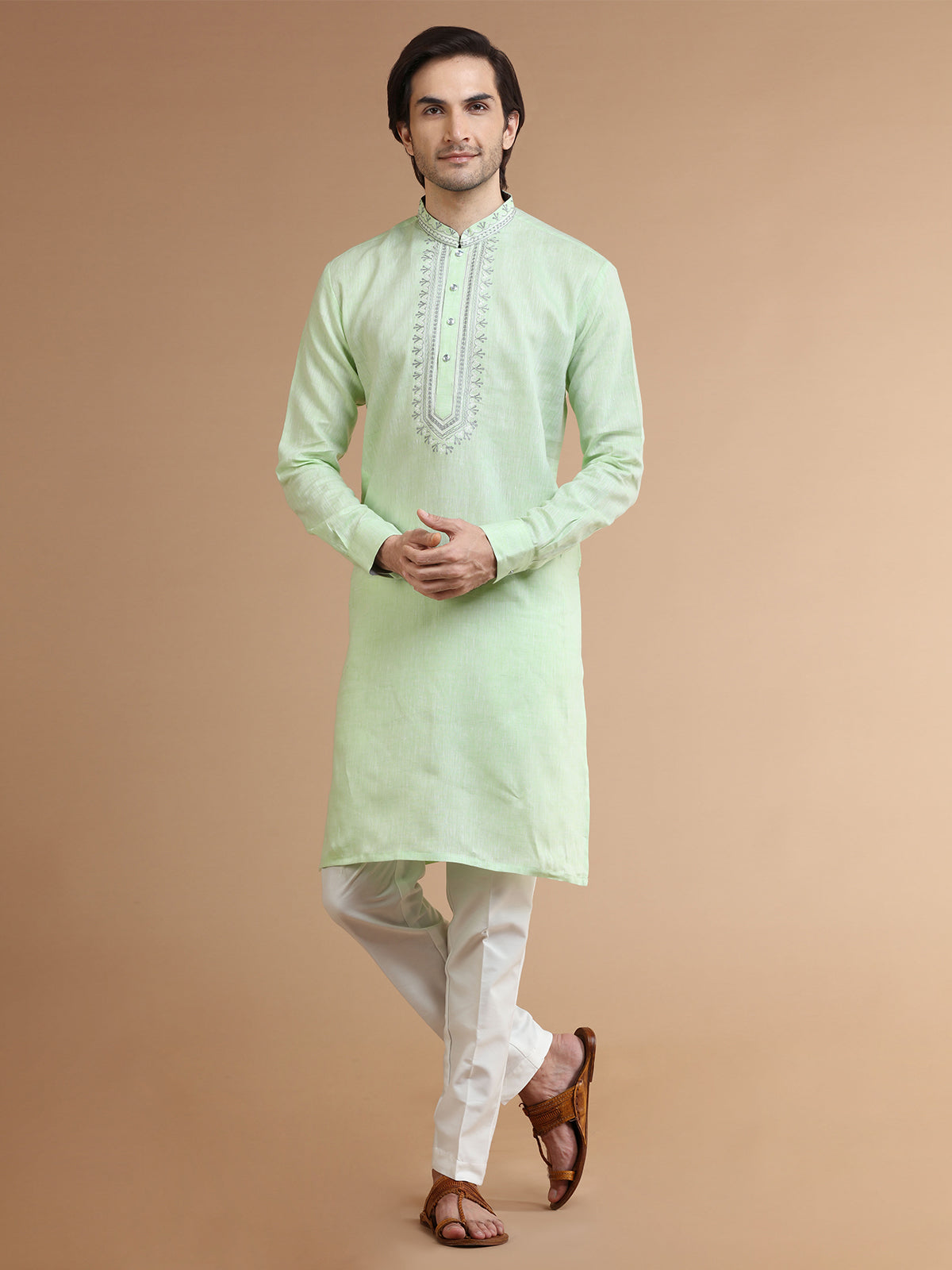 Trendy light green linen kurta suit