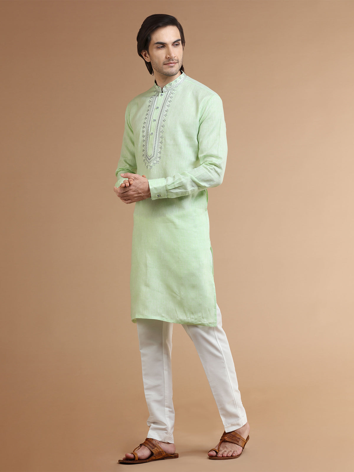 Trendy light green linen kurta suit