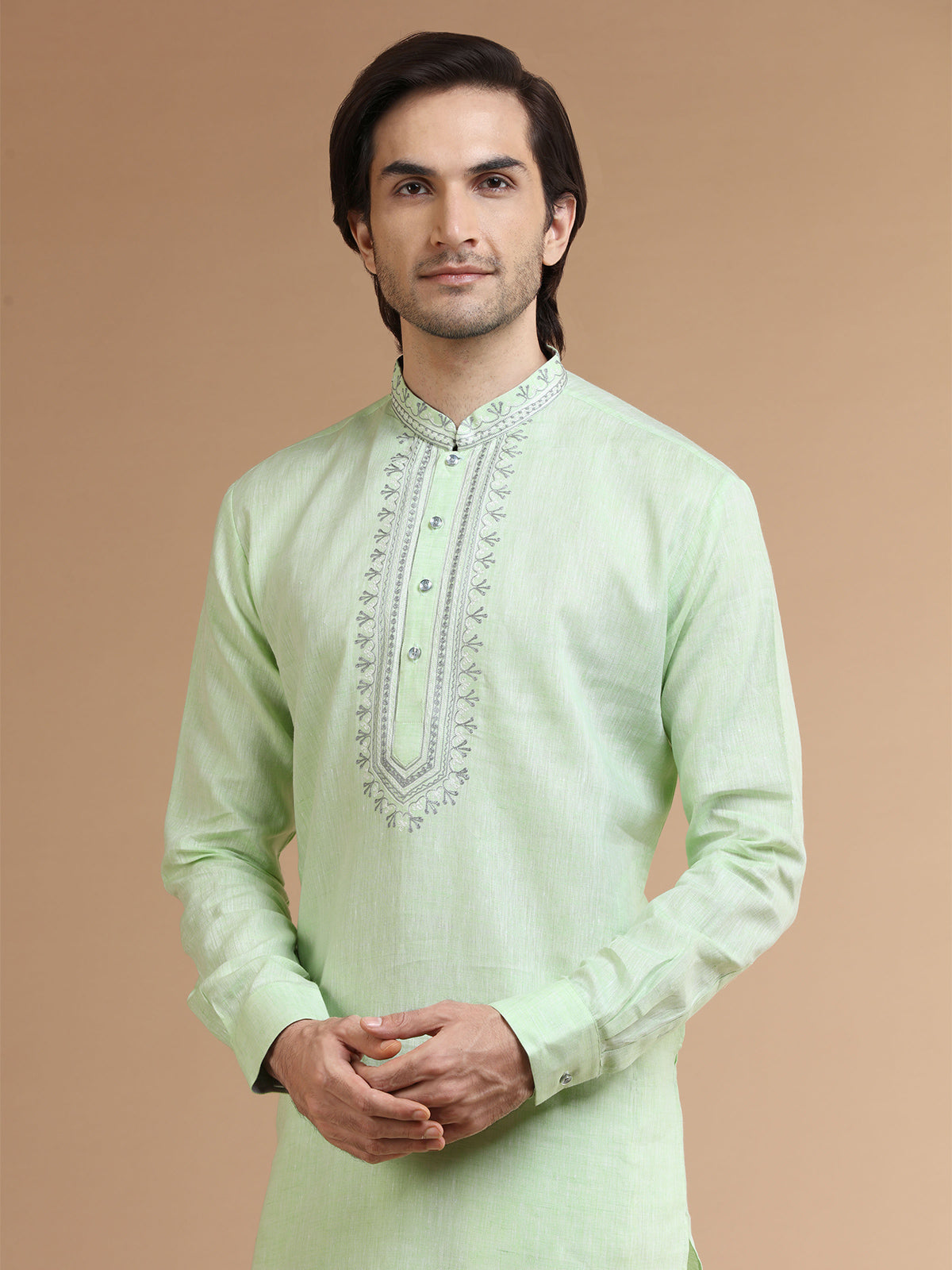 Trendy light green linen kurta suit