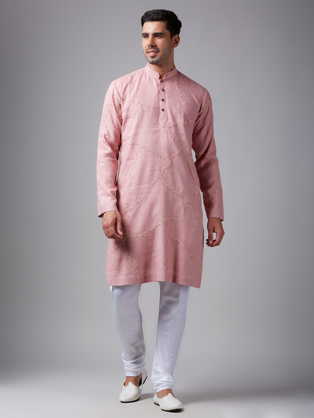 Trendy light pink linen kurta suit for festive