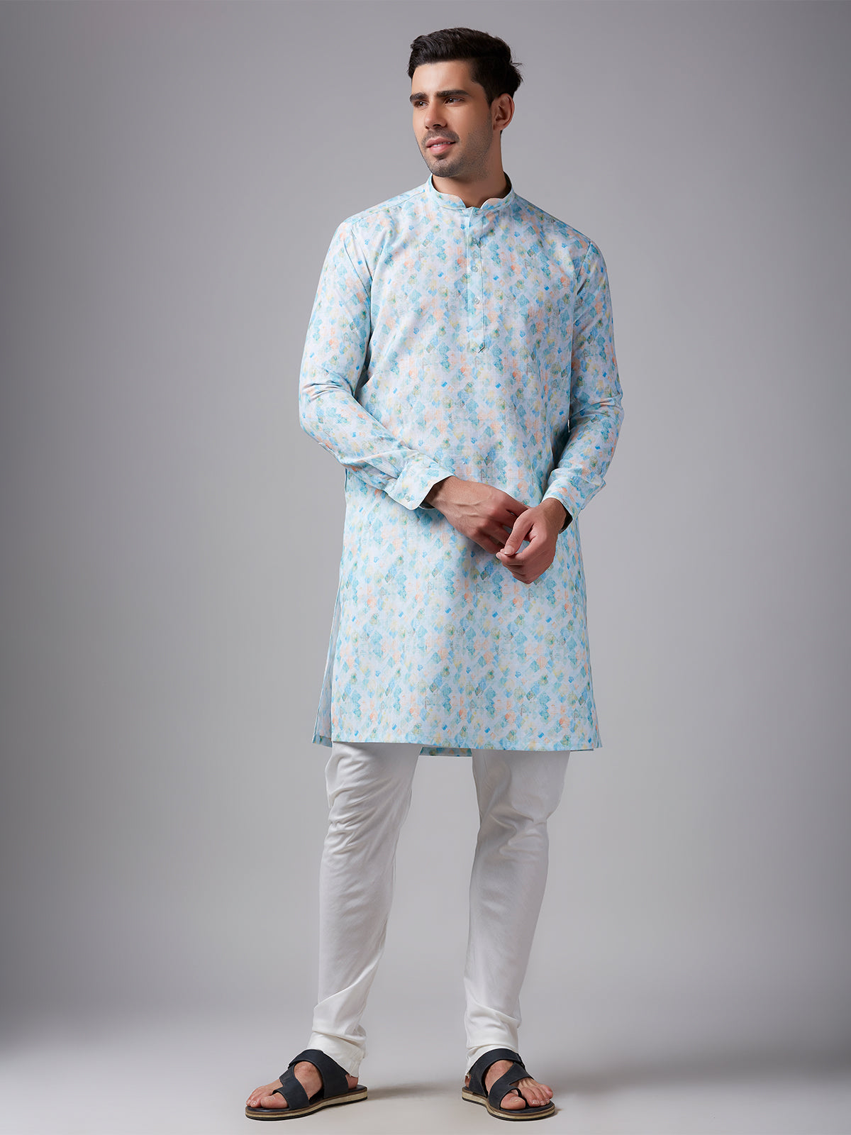 Trendy sky blue printed linen kurta suit