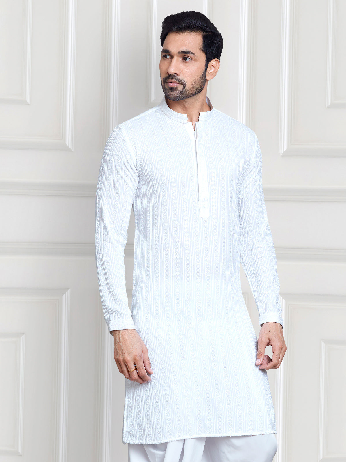 Trendy white embroidery kurta suit for festive
