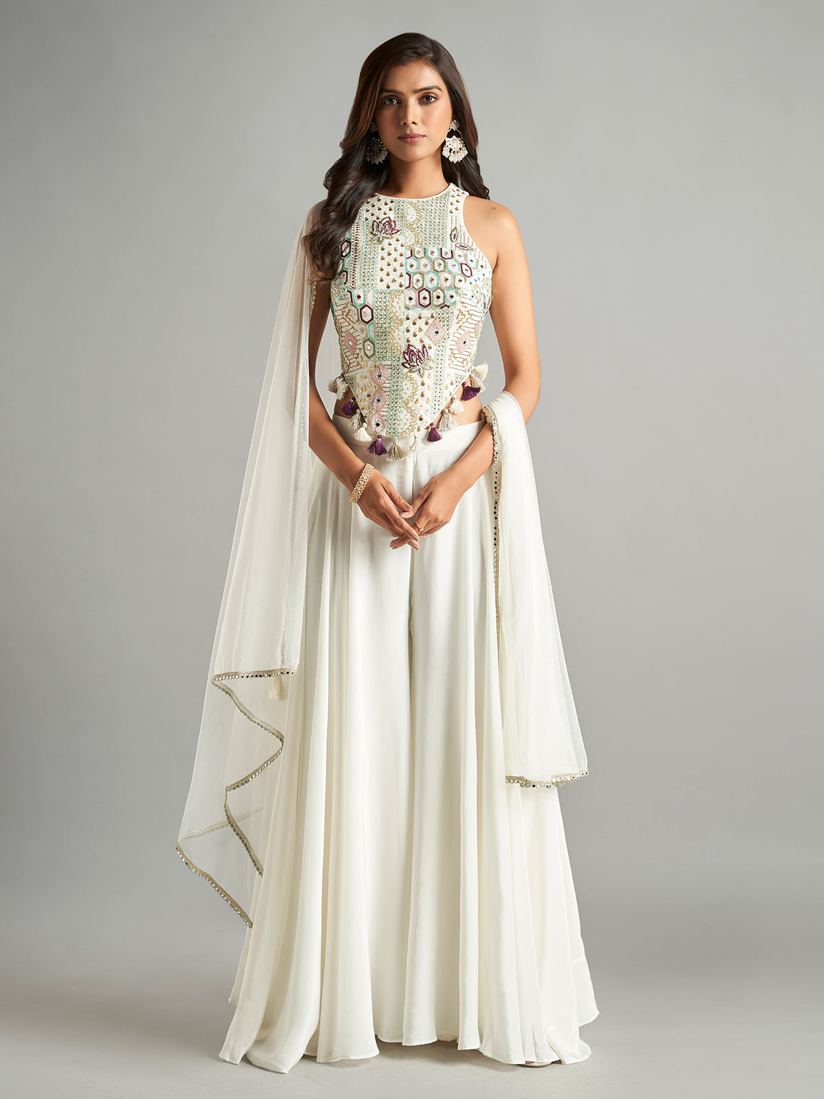 Trendy white palazzo suit with dupatta
