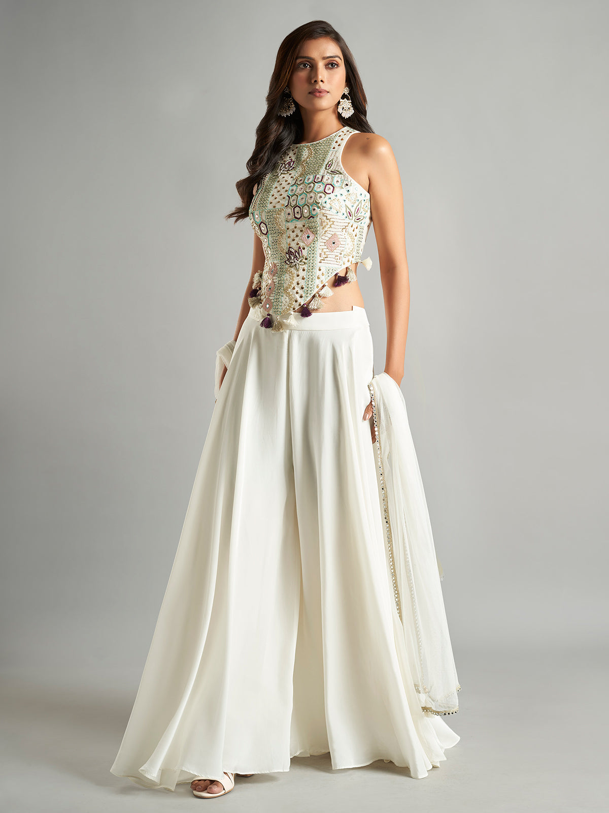 Trendy white palazzo suit with dupatta