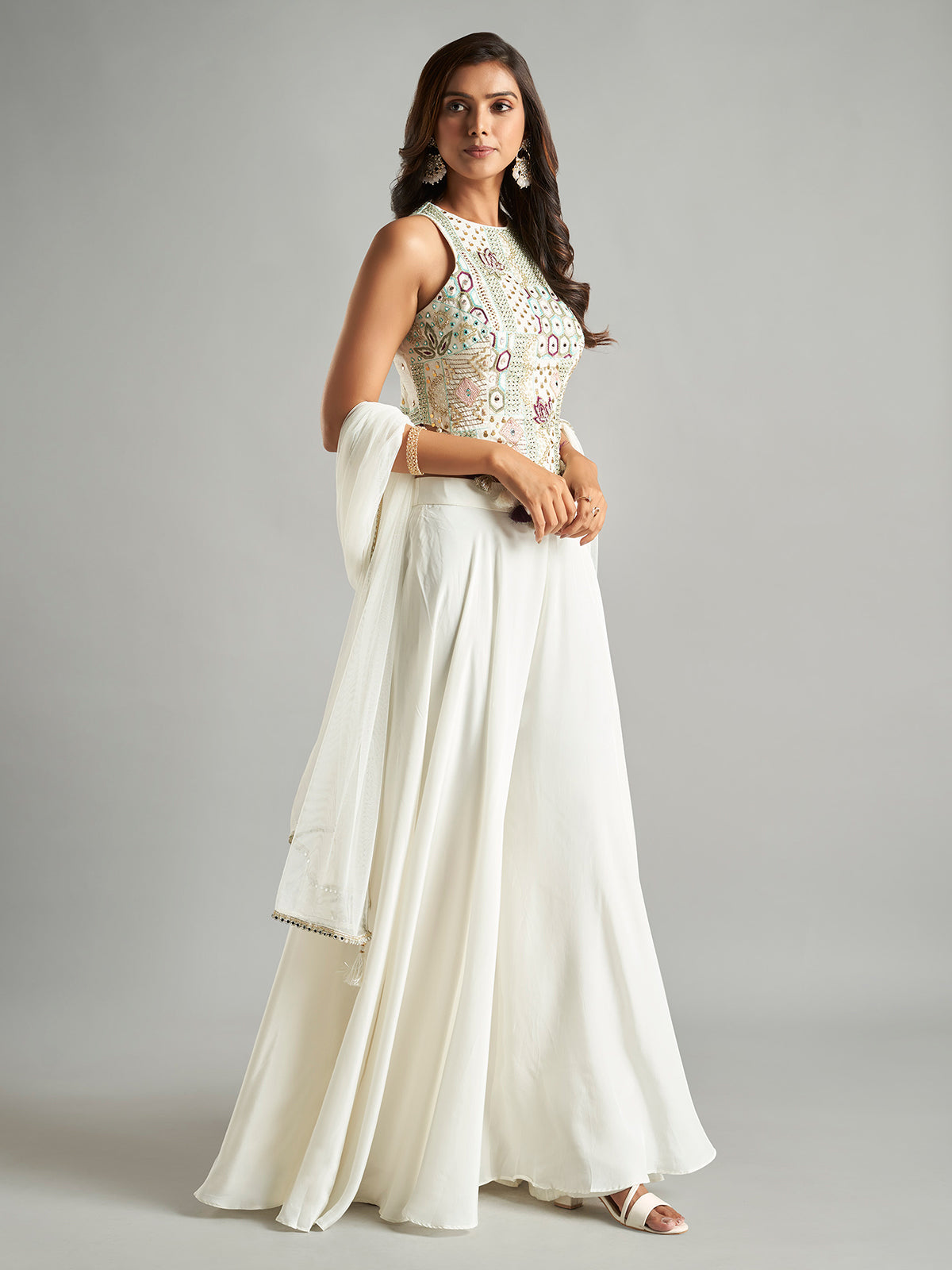 Trendy white palazzo suit with dupatta