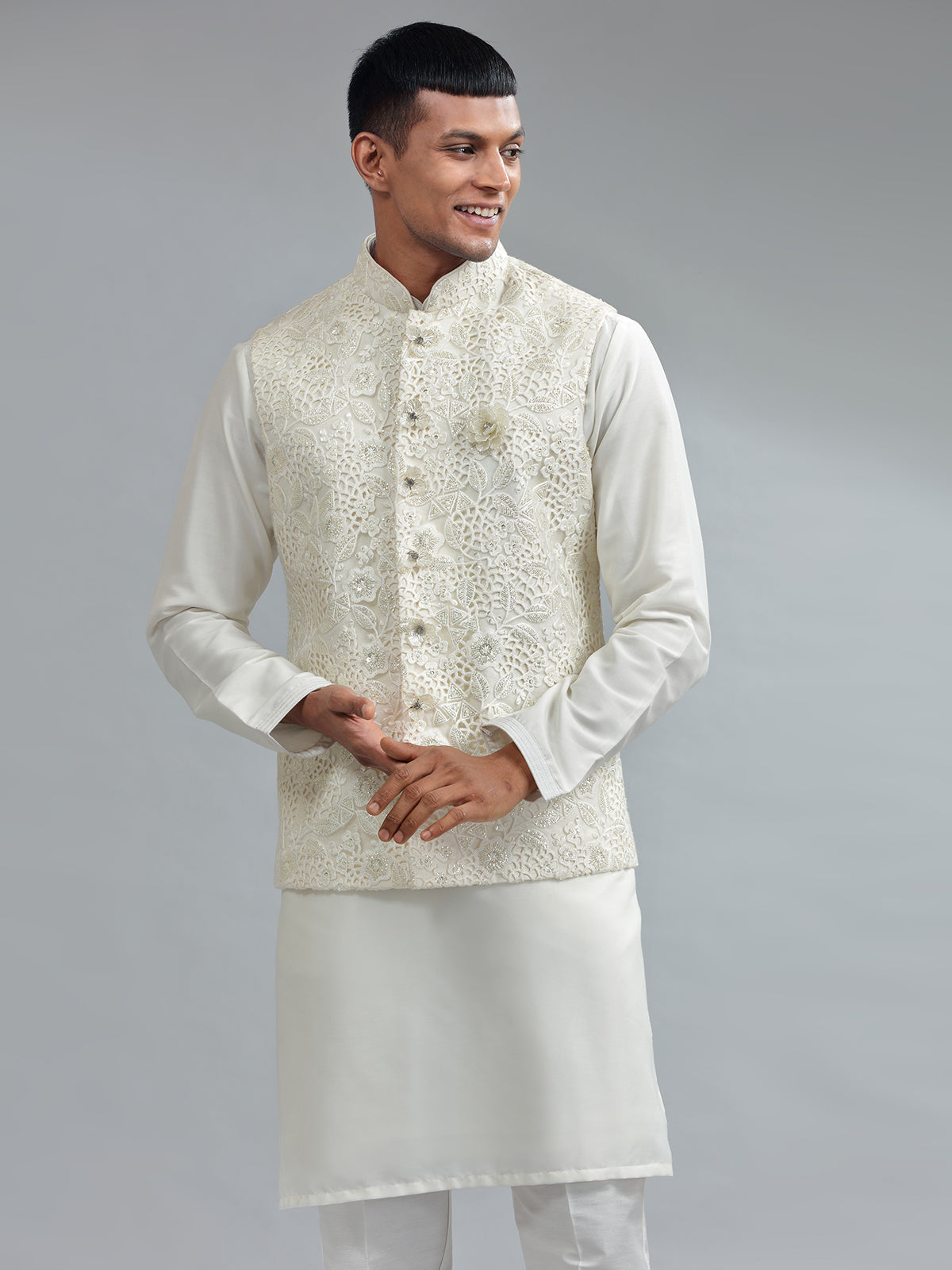 Trendy white silk waistcoat set with bottom