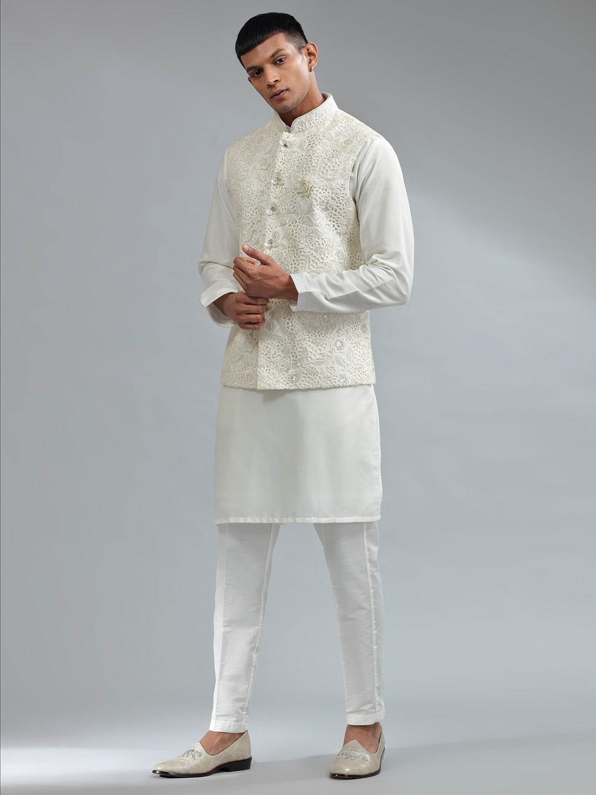 Trendy white silk waistcoat set with bottom