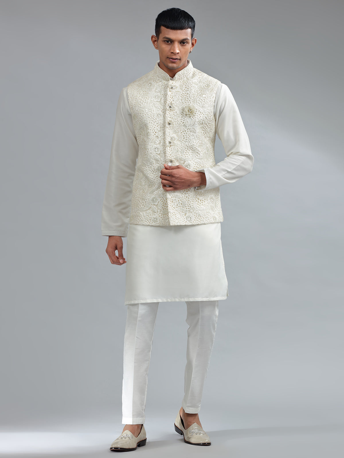 Trendy white silk waistcoat set with bottom
