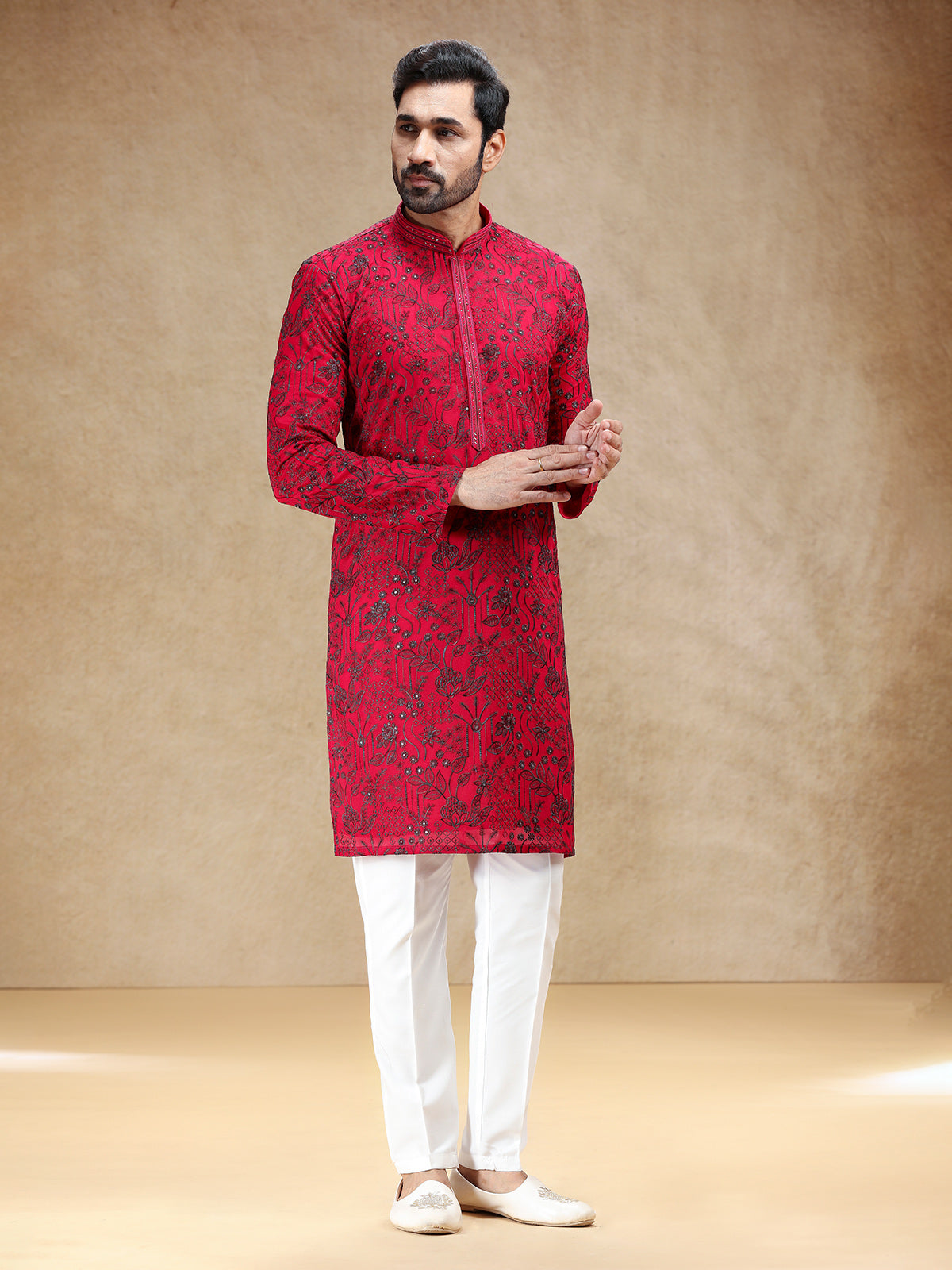 Vibrant hot pink georgette men kurta pajama