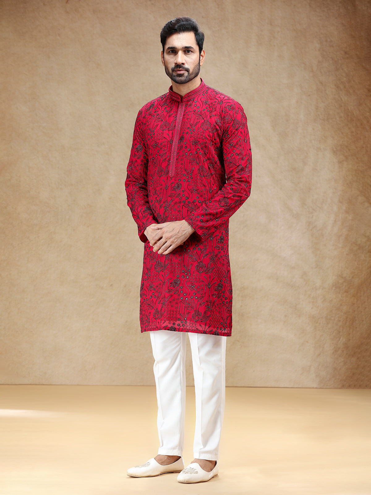Vibrant hot pink georgette men kurta pajama