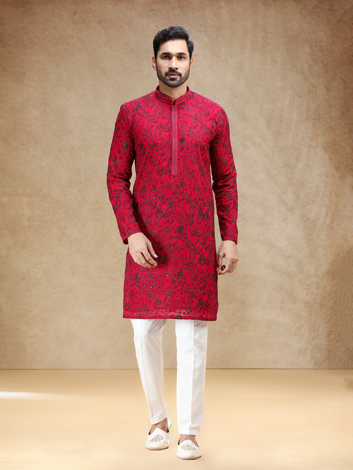 Vibrant hot pink georgette men kurta pajama