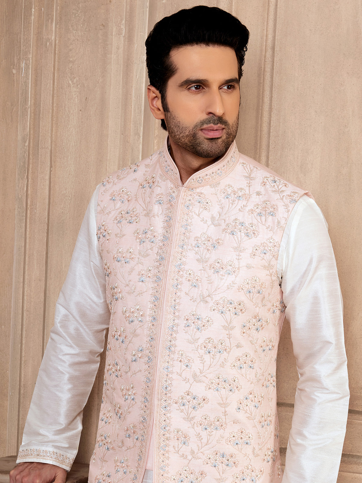 Wedding silk waistcoat set in white and peach