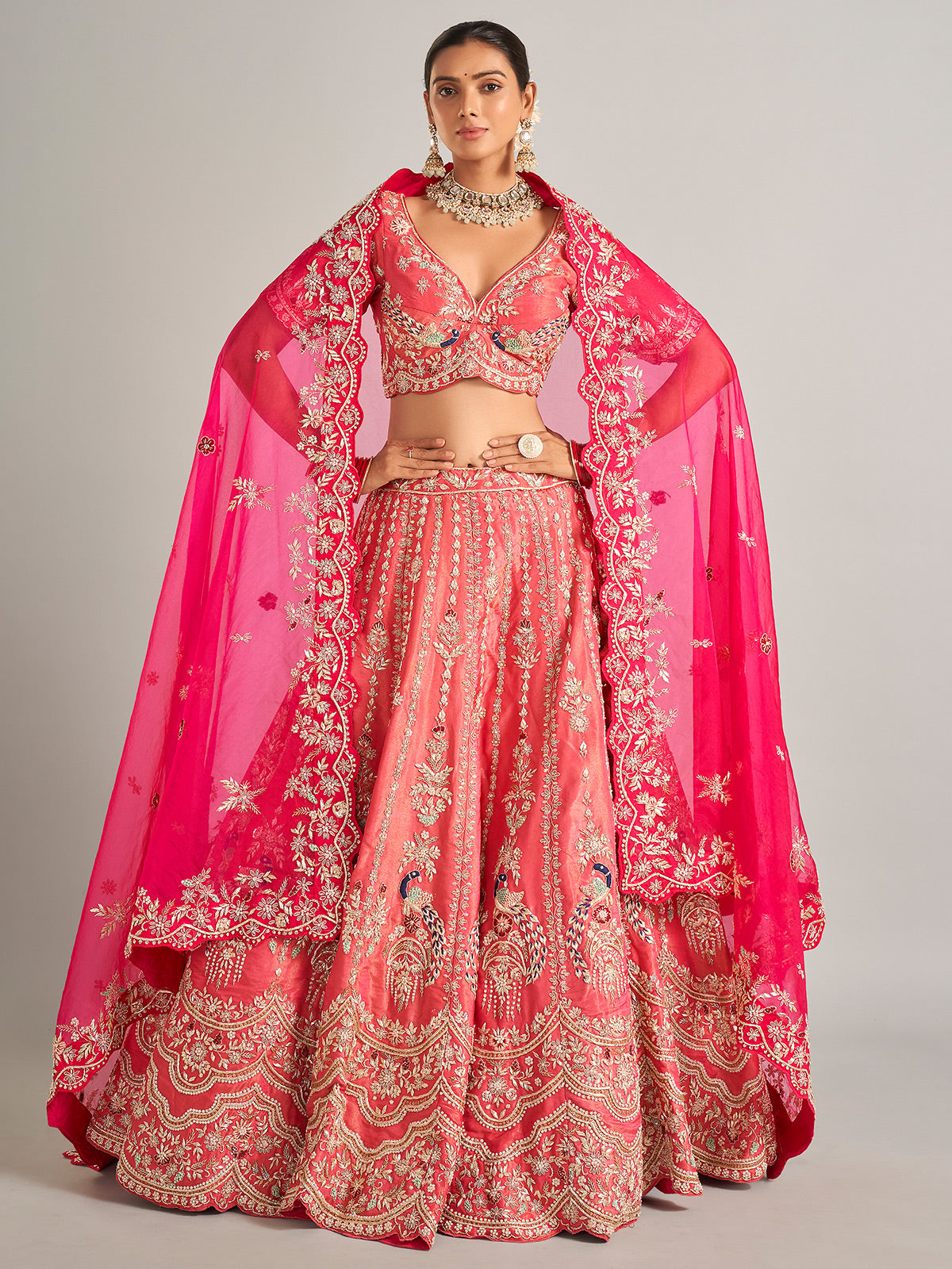 Wedding style coral pink silk lehenga choli