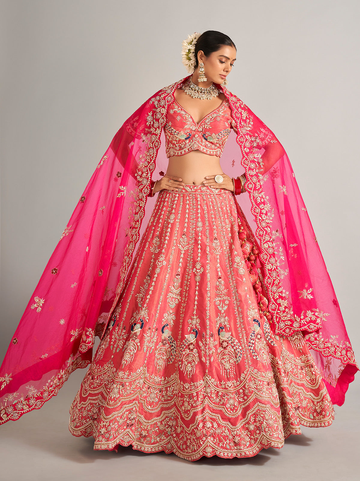 Wedding style coral pink silk lehenga choli