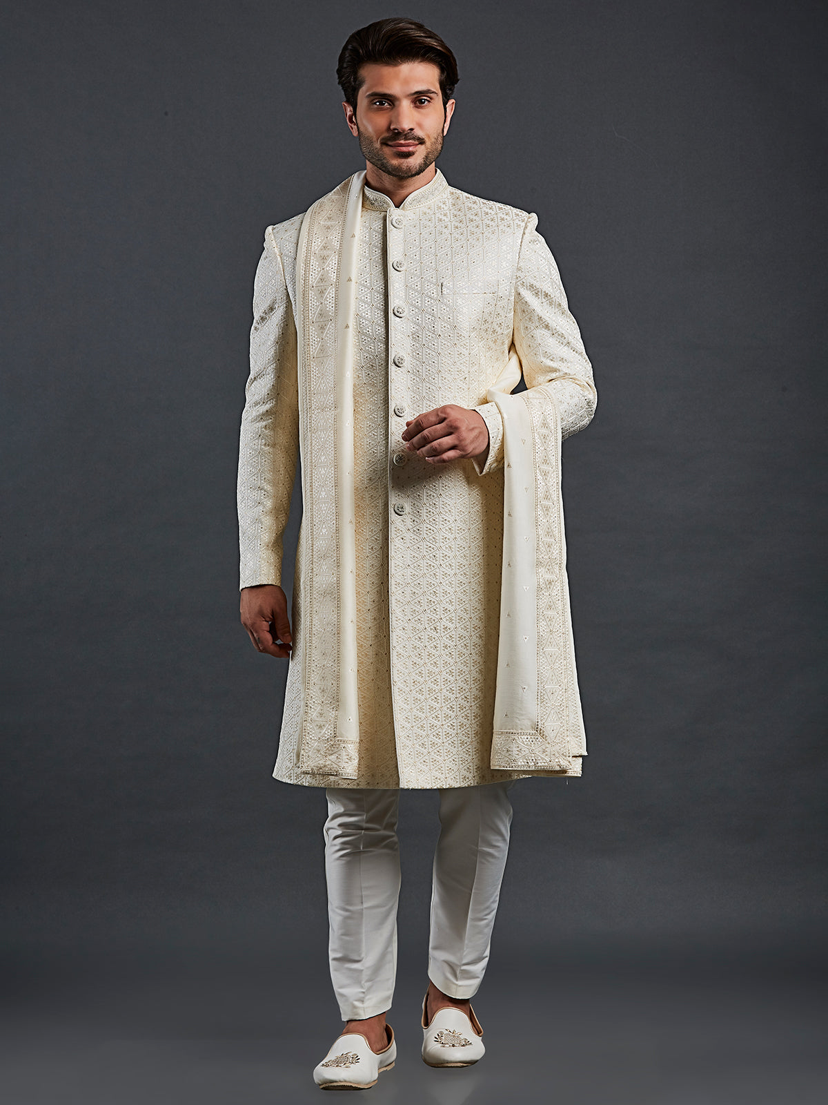 Wedding style cream raw silk sherwani for groom